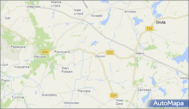 mapa Okonin gmina Gruta, Okonin gmina Gruta na mapie Targeo