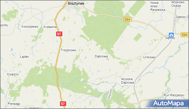 mapa Dąbrowa gmina Bisztynek, Dąbrowa gmina Bisztynek na mapie Targeo