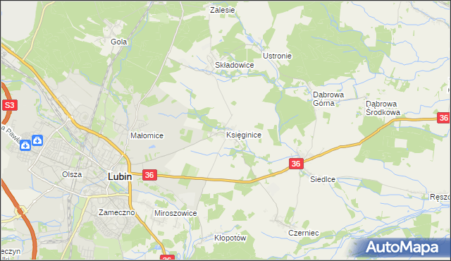 mapa Księginice gmina Lubin, Księginice gmina Lubin na mapie Targeo