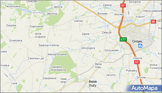 mapa Wilczogóra gmina Belsk Duży, Wilczogóra gmina Belsk Duży na mapie Targeo