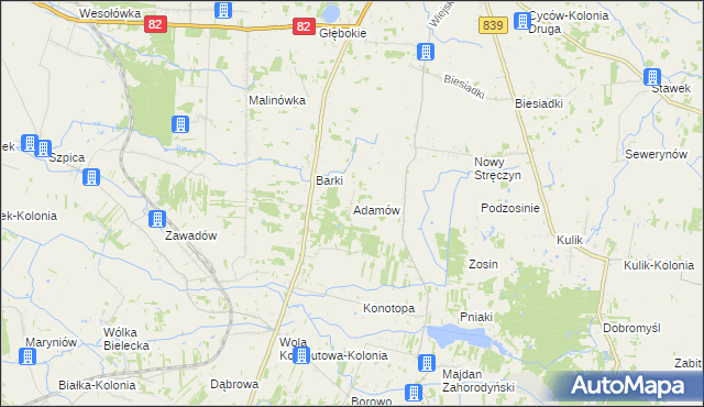 mapa Adamów gmina Cyców, Adamów gmina Cyców na mapie Targeo