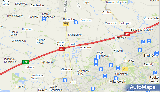mapa Adamów gmina Grodzisk Mazowiecki, Adamów gmina Grodzisk Mazowiecki na mapie Targeo