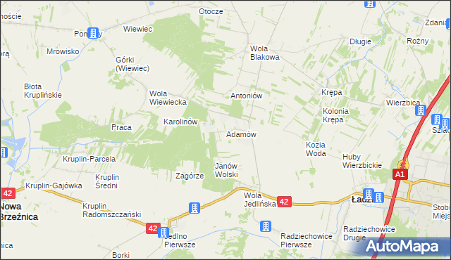 mapa Adamów gmina Ładzice, Adamów gmina Ładzice na mapie Targeo