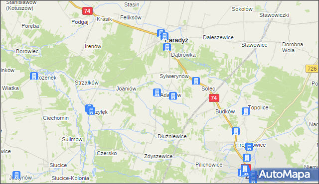 mapa Adamów gmina Paradyż, Adamów gmina Paradyż na mapie Targeo