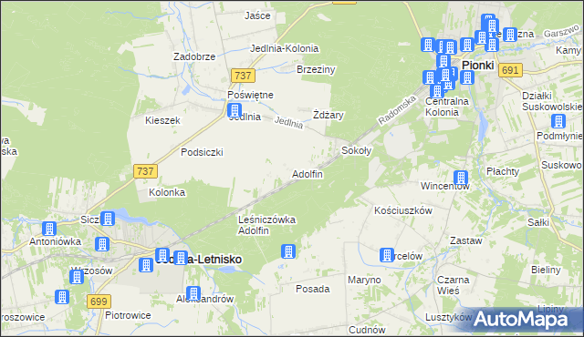 mapa Adolfin gmina Pionki, Adolfin gmina Pionki na mapie Targeo