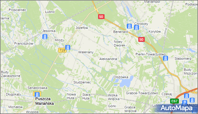 mapa Aleksandria gmina Puszcza Mariańska, Aleksandria gmina Puszcza Mariańska na mapie Targeo