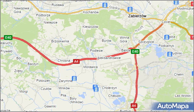 mapa Aleksandrowice gmina Zabierzów, Aleksandrowice gmina Zabierzów na mapie Targeo