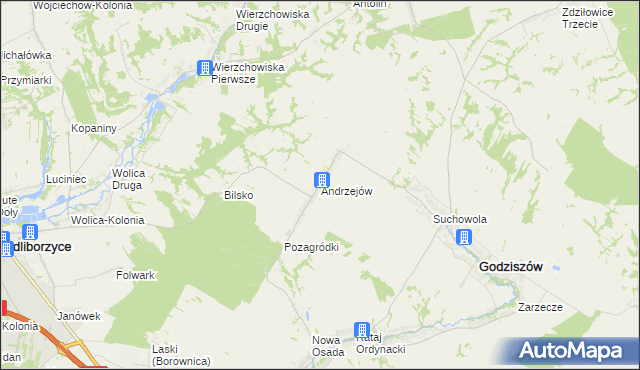 mapa Andrzejów gmina Godziszów, Andrzejów gmina Godziszów na mapie Targeo