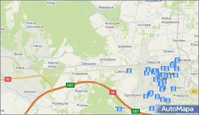 mapa Andrzejów gmina Zduńska Wola, Andrzejów gmina Zduńska Wola na mapie Targeo