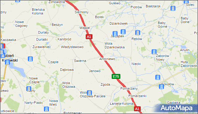 mapa Antoniewo gmina Lubień Kujawski, Antoniewo gmina Lubień Kujawski na mapie Targeo