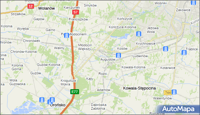 mapa Augustów gmina Kowala, Augustów gmina Kowala na mapie Targeo