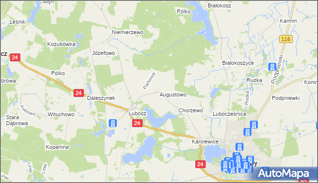 mapa Augustowo gmina Kwilcz, Augustowo gmina Kwilcz na mapie Targeo