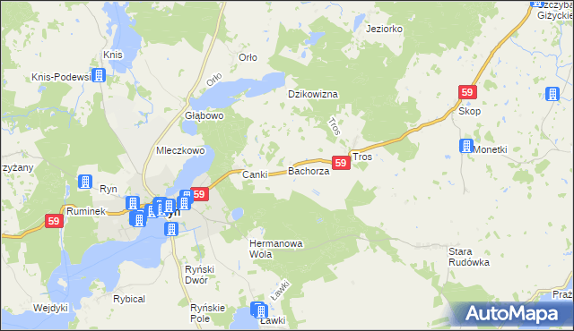 mapa Bachorza gmina Ryn, Bachorza gmina Ryn na mapie Targeo