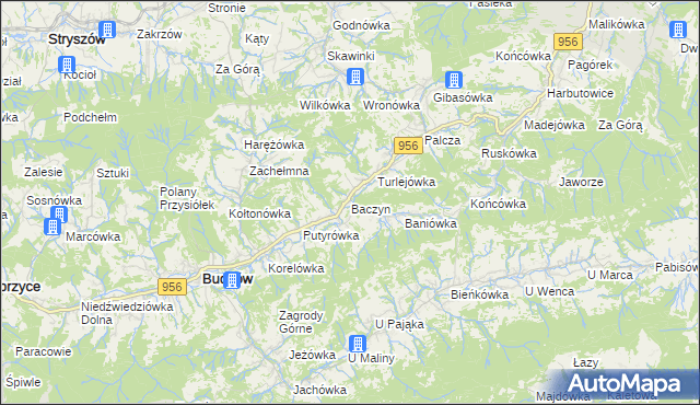 mapa Baczyn gmina Budzów, Baczyn gmina Budzów na mapie Targeo