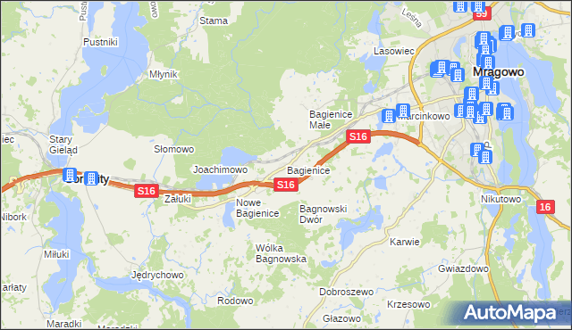 mapa Bagienice gmina Mrągowo, Bagienice gmina Mrągowo na mapie Targeo