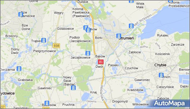 mapa Bąków gmina Strumień, Bąków gmina Strumień na mapie Targeo