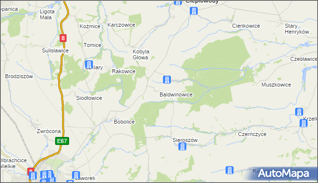 mapa Baldwinowice gmina Ciepłowody, Baldwinowice gmina Ciepłowody na mapie Targeo