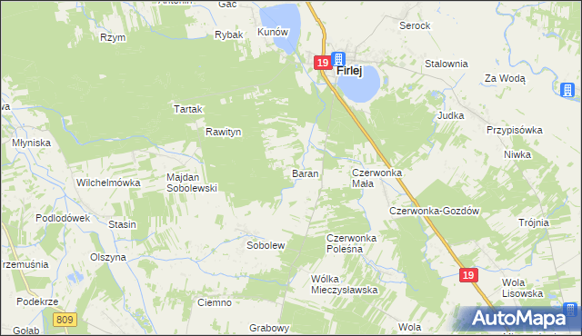 mapa Baran gmina Firlej, Baran gmina Firlej na mapie Targeo