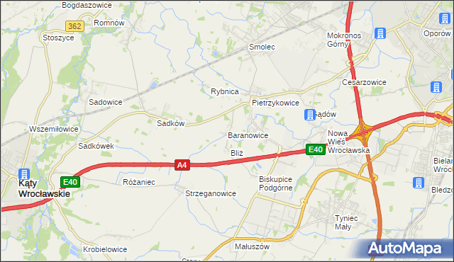 mapa Baranowice gmina Kąty Wrocławskie, Baranowice gmina Kąty Wrocławskie na mapie Targeo