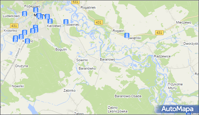 mapa Baranowo gmina Mosina, Baranowo gmina Mosina na mapie Targeo