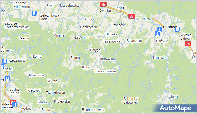 mapa Barnowiec gmina Łabowa, Barnowiec gmina Łabowa na mapie Targeo