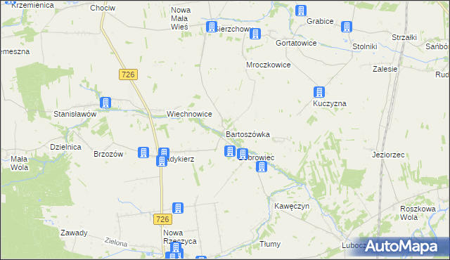 mapa Bartoszówka gmina Rzeczyca, Bartoszówka gmina Rzeczyca na mapie Targeo