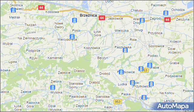 mapa Bęczyn gmina Brzeźnica, Bęczyn gmina Brzeźnica na mapie Targeo