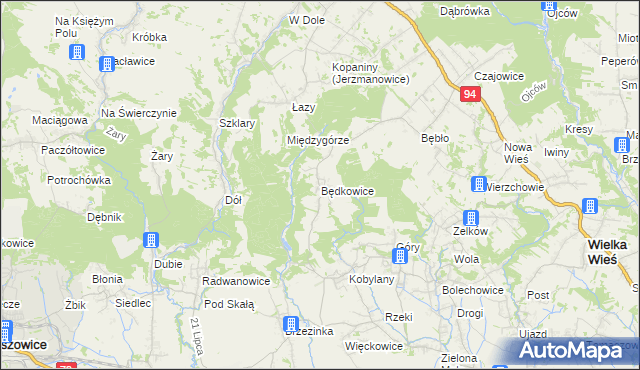 mapa Będkowice gmina Wielka Wieś, Będkowice gmina Wielka Wieś na mapie Targeo