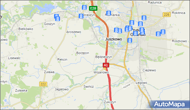 mapa Będzieszyn gmina Pruszcz Gdański, Będzieszyn gmina Pruszcz Gdański na mapie Targeo