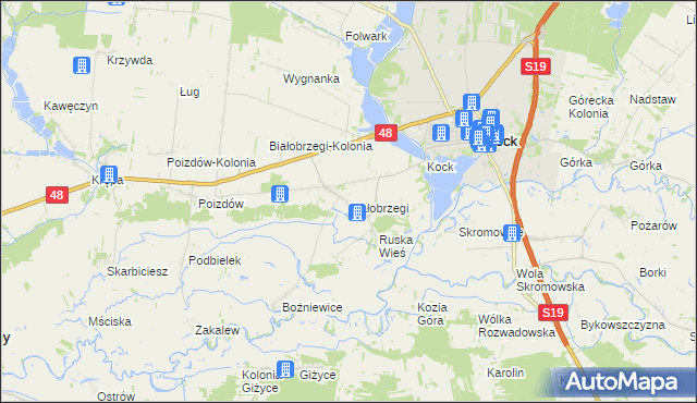 mapa Białobrzegi gmina Kock, Białobrzegi gmina Kock na mapie Targeo