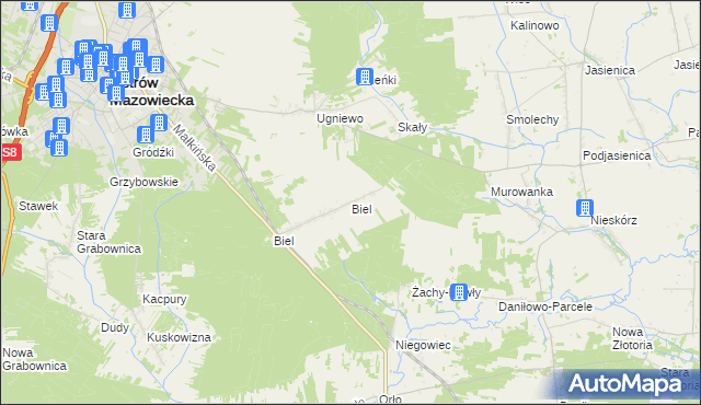 mapa Biel gmina Ostrów Mazowiecka, Biel gmina Ostrów Mazowiecka na mapie Targeo