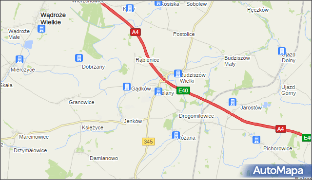 mapa Bielany gmina Wądroże Wielkie, Bielany gmina Wądroże Wielkie na mapie Targeo