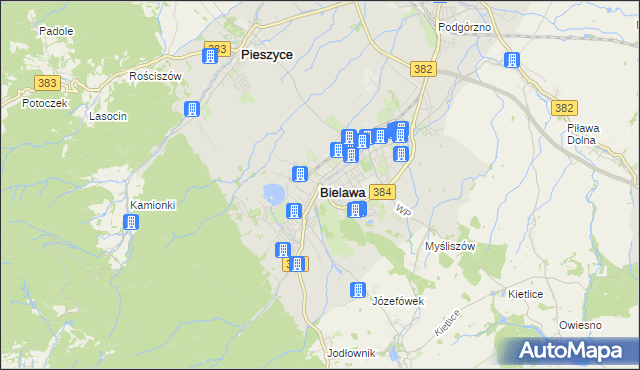 mapa Bielawa powiat dzierżoniowski, Bielawa powiat dzierżoniowski na mapie Targeo