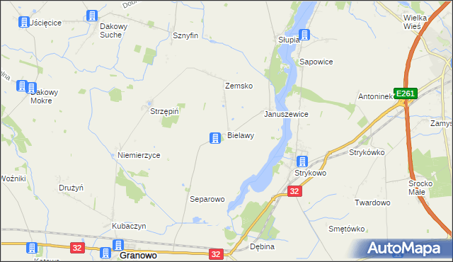 mapa Bielawy gmina Granowo, Bielawy gmina Granowo na mapie Targeo