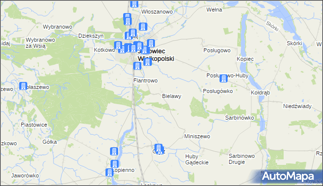 mapa Bielawy gmina Janowiec Wielkopolski, Bielawy gmina Janowiec Wielkopolski na mapie Targeo