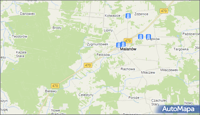 mapa Bielawy gmina Malanów, Bielawy gmina Malanów na mapie Targeo