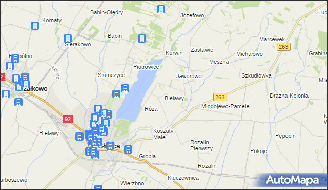 mapa Bielawy gmina Słupca, Bielawy gmina Słupca na mapie Targeo