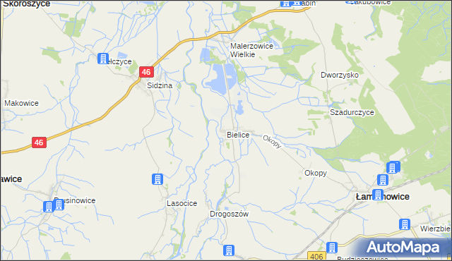 mapa Bielice gmina Łambinowice, Bielice gmina Łambinowice na mapie Targeo