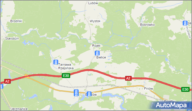 mapa Bielice gmina Torzym, Bielice gmina Torzym na mapie Targeo