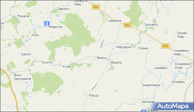 mapa Bieliny gmina Bartoszyce, Bieliny gmina Bartoszyce na mapie Targeo