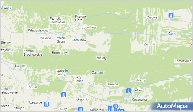 mapa Bieliny gmina Kampinos, Bieliny gmina Kampinos na mapie Targeo