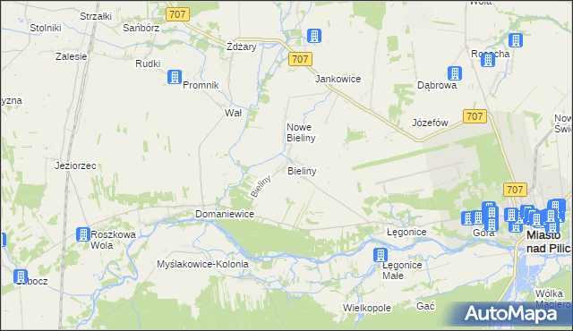 mapa Bieliny gmina Nowe Miasto nad Pilicą, Bieliny gmina Nowe Miasto nad Pilicą na mapie Targeo