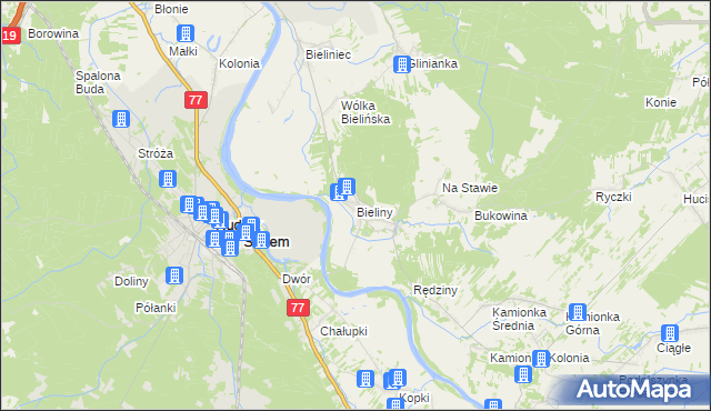 mapa Bieliny gmina Ulanów, Bieliny gmina Ulanów na mapie Targeo