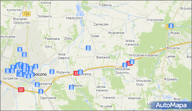 mapa Bielowice gmina Opoczno, Bielowice gmina Opoczno na mapie Targeo