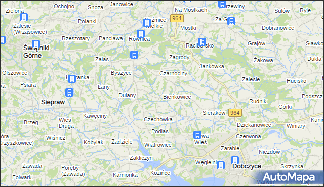 mapa Bieńkowice gmina Dobczyce, Bieńkowice gmina Dobczyce na mapie Targeo