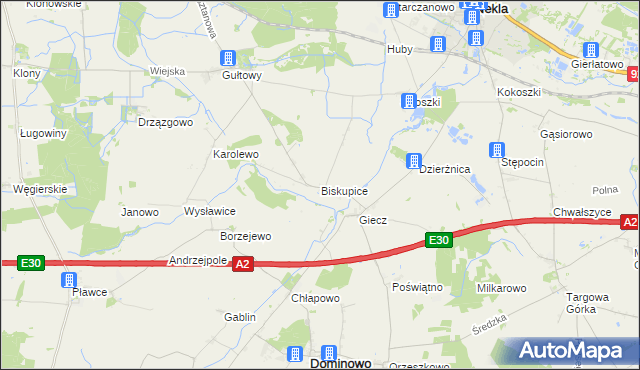 mapa Biskupice gmina Dominowo, Biskupice gmina Dominowo na mapie Targeo