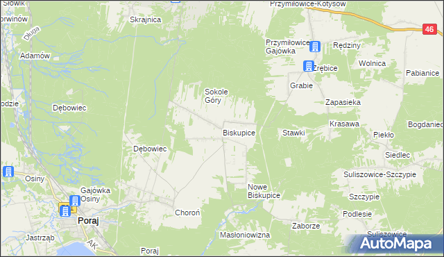 mapa Biskupice gmina Olsztyn, Biskupice gmina Olsztyn na mapie Targeo