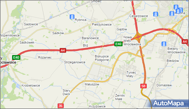 mapa Biskupice Podgórne, Biskupice Podgórne na mapie Targeo