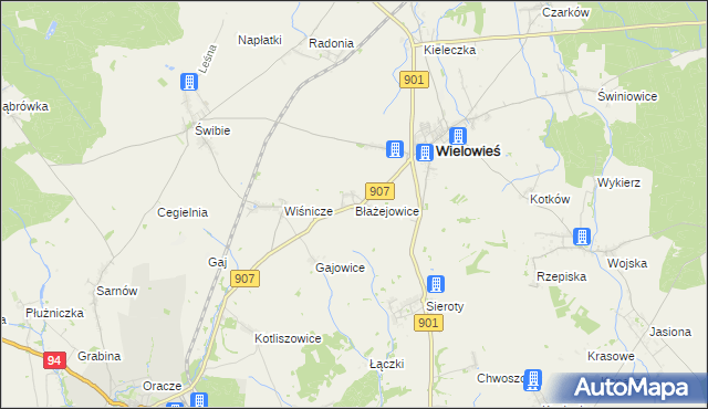 mapa Błażejowice gmina Wielowieś, Błażejowice gmina Wielowieś na mapie Targeo