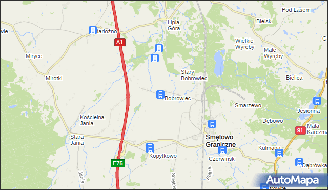 mapa Bobrowiec gmina Smętowo Graniczne, Bobrowiec gmina Smętowo Graniczne na mapie Targeo